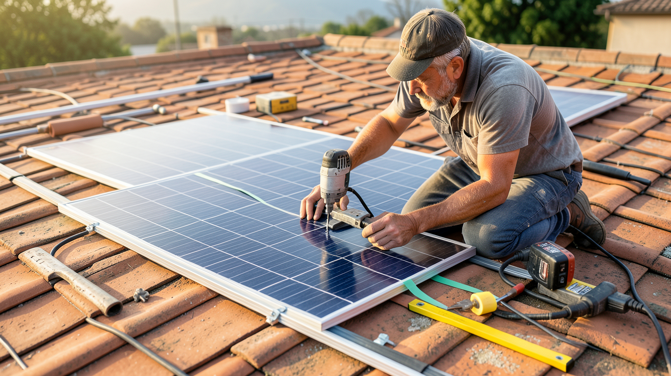 panneau photovoltaïque souple en cours d'installation sur un toit par un professionnel avec outils adaptés