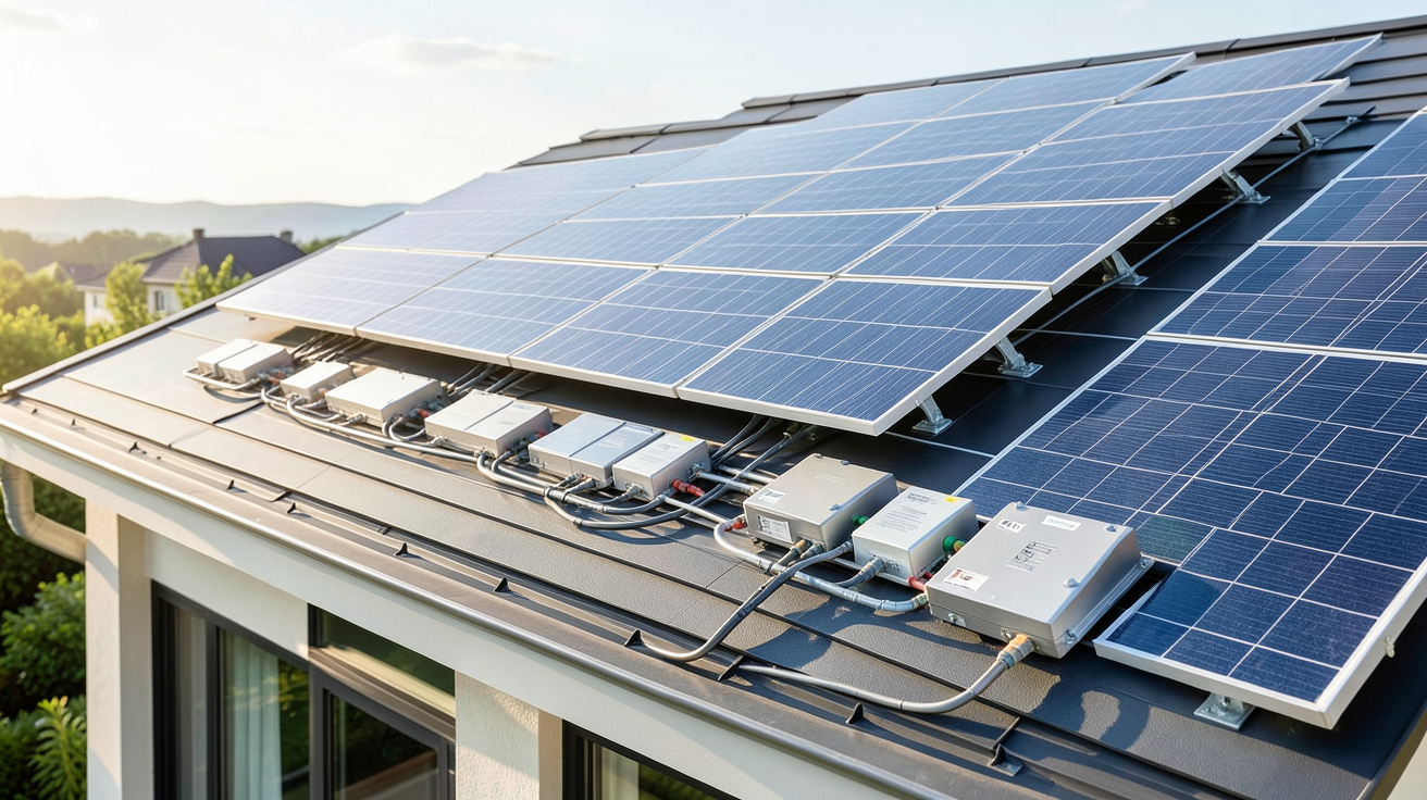 panneau photovoltaïque stockage énergie : système de batteries lithium-ion connecté à des panneaux solaires sur un toit de maison moderne