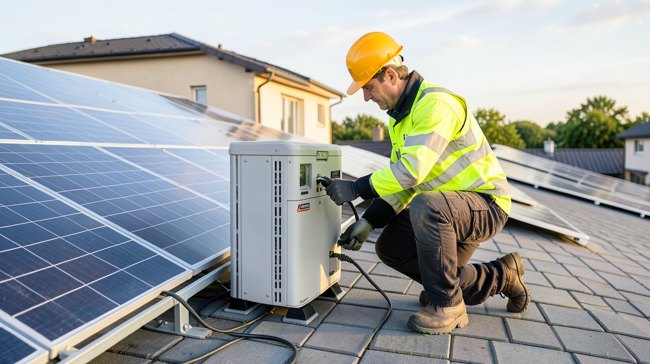panneau photovoltaïque et système de stockage d'énergie en cours d'installation sur un toit résidentiel