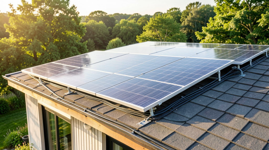 panneau photovoltaïque avec stockage d'énergie installé sur le toit d'une maison écologique