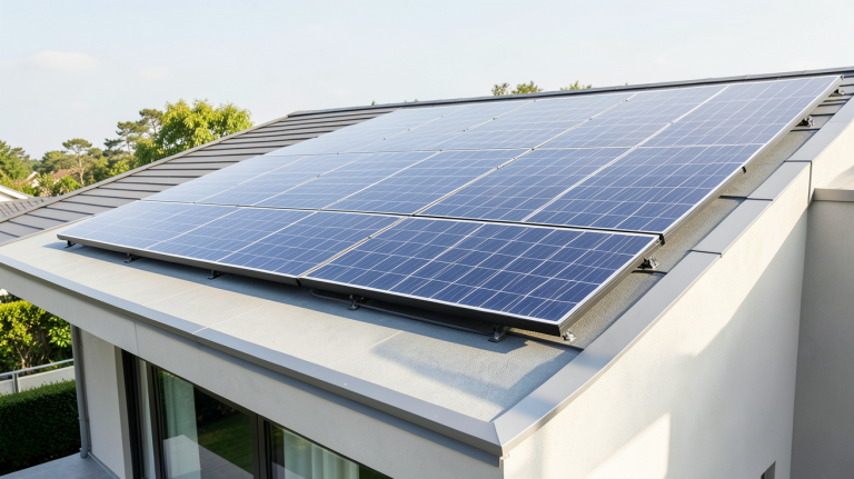 panneau photovoltaique sunology installé sur le toit d'une maison moderne, capturé en lumière naturelle