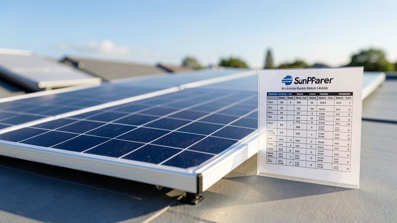 panneau photovoltaïque SunPower avec grille tarifaire détaillée des prix 2024 posée sur un toit résidentiel