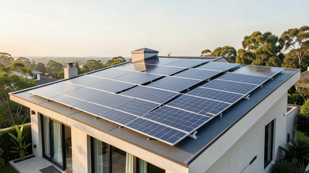 panneau photovoltaique sunpower installé sur le toit d'une maison contemporaine