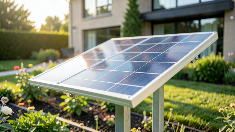 panneau photovoltaïque sur pied installé dans un jardin avec une maison moderne en arrière-plan