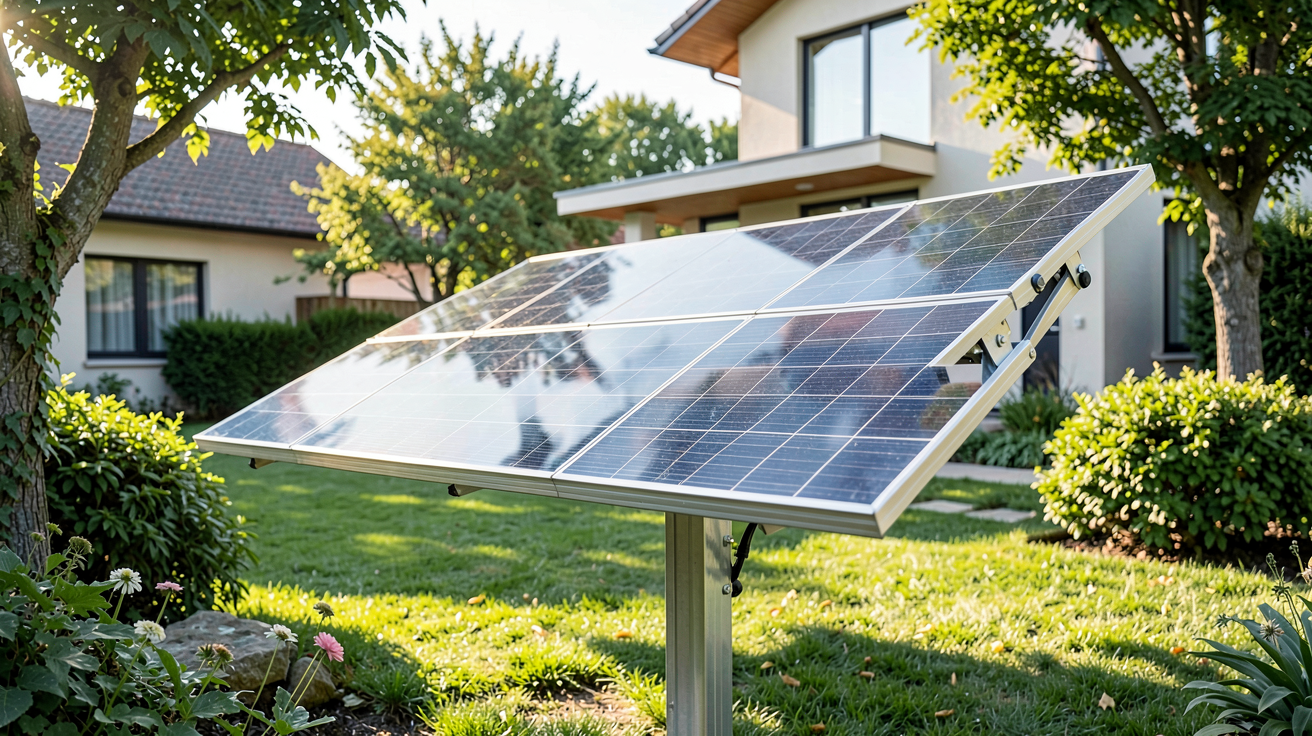 panneau photovoltaïque sur pied installé dans un jardin avec une maison moderne en arrière-plan