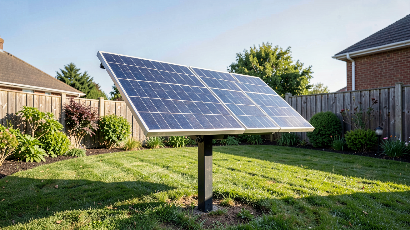 panneau photovoltaïque sur pied installé dans un jardin résidentiel avec pelouse bien entretenue