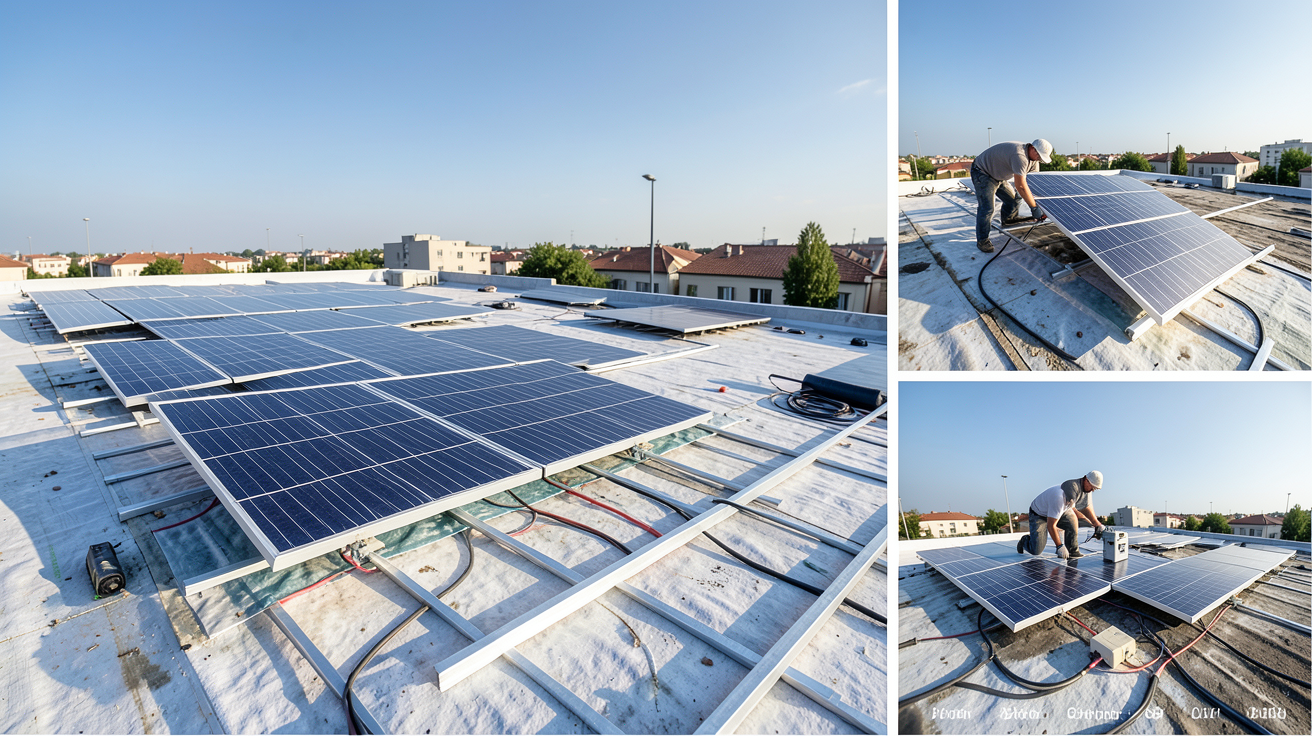 panneau photovoltaïque sur toit plat montrant les étapes d'installation : préparation, pose des rails, installation des panneaux, câblage et mise en service