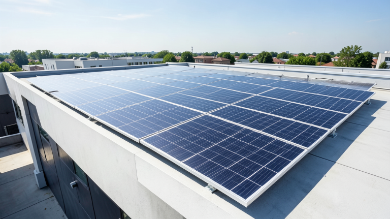 panneau photovoltaique sur toit plat installé sur le sommet d'un bâtiment moderne sous un ciel dégagé
