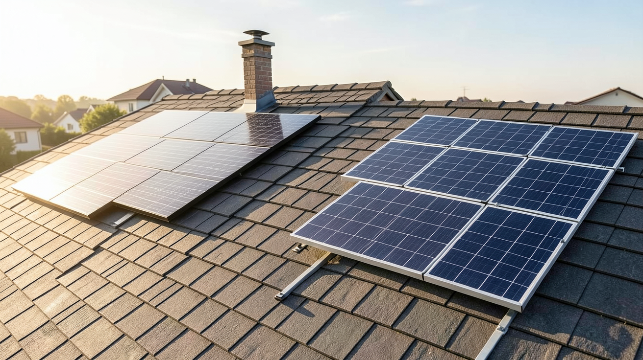 panneau photovoltaique sur toiture montrant l'intégration au bâti (IAB) à gauche et la surimposition (ISB) à droite