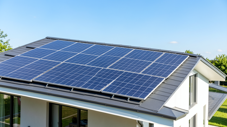 panneau photovoltaique sur toiture d'une habitation moderne sous le soleil