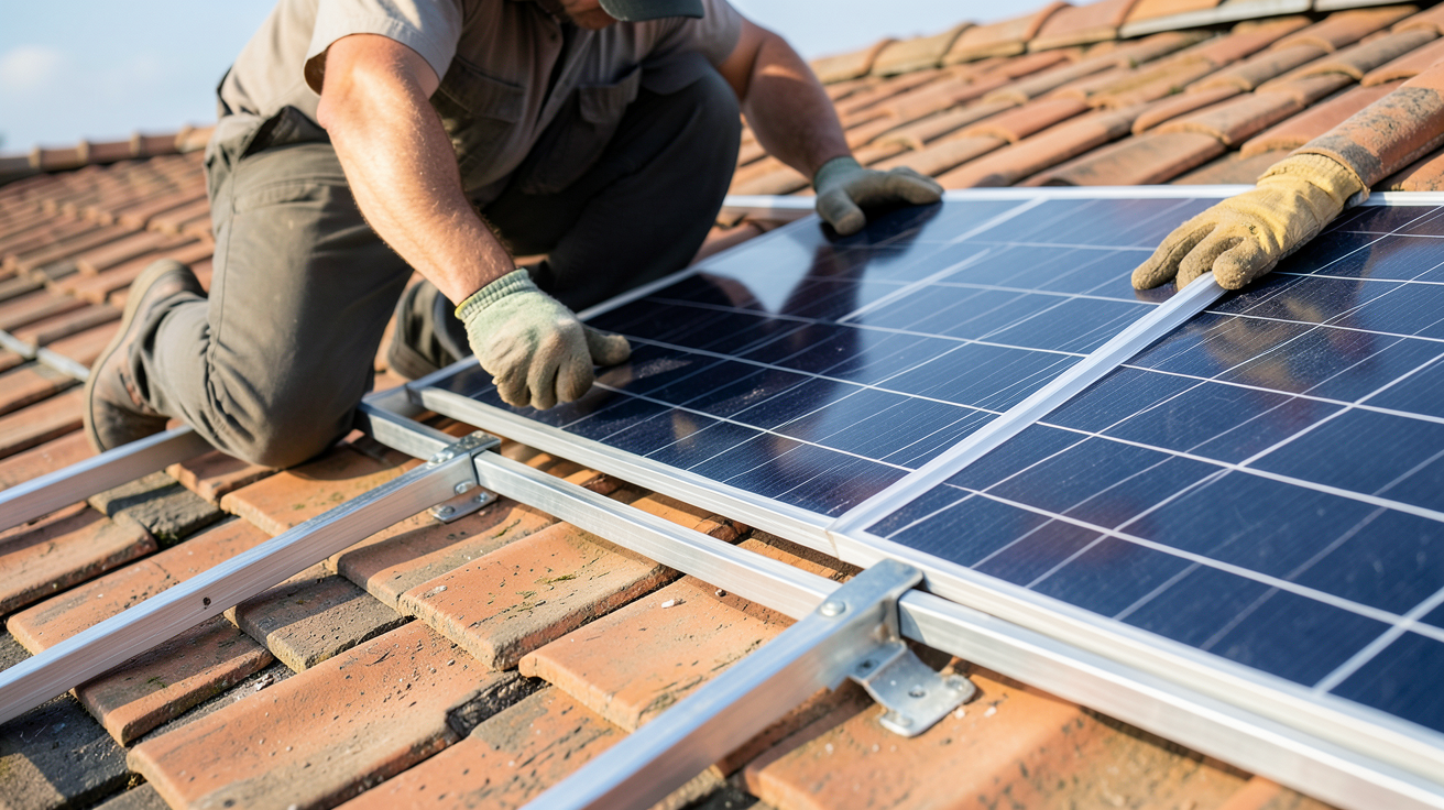 panneau photovoltaique surimposition en cours de pose sur une toiture