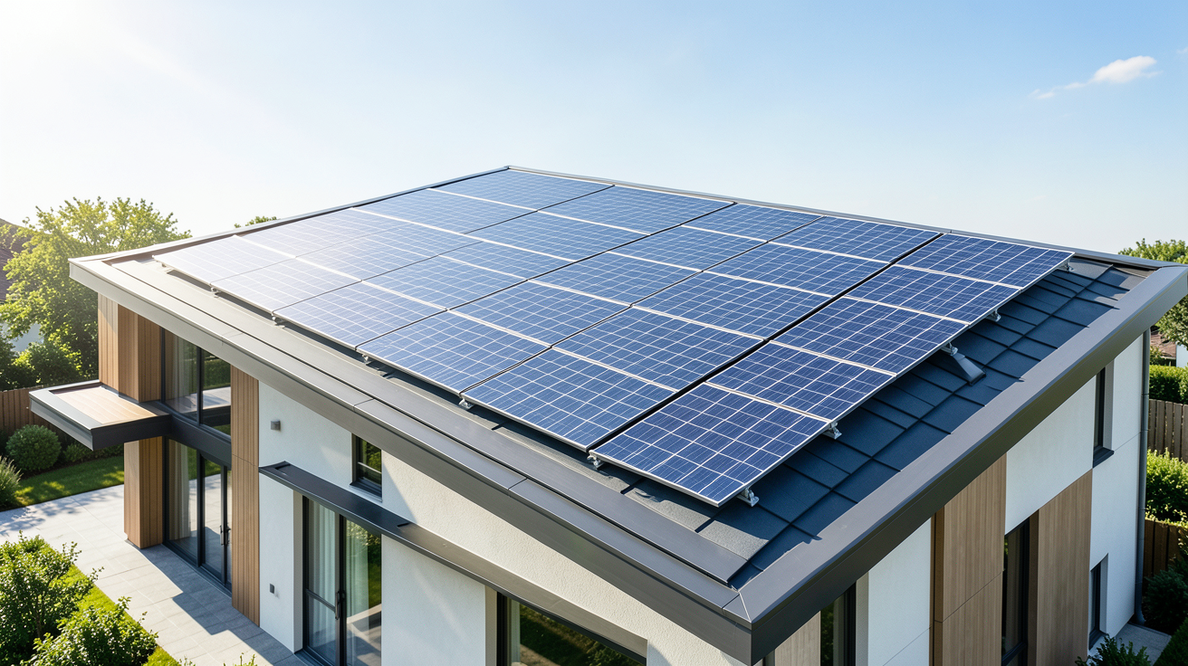 panneau photovoltaique surimposition installé sur le toit d'une maison moderne pour optimiser la performance énergétique