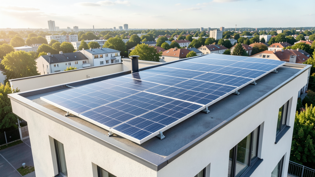 panneau photovoltaïque en surimposition installé sur le toit d'une maison moderne