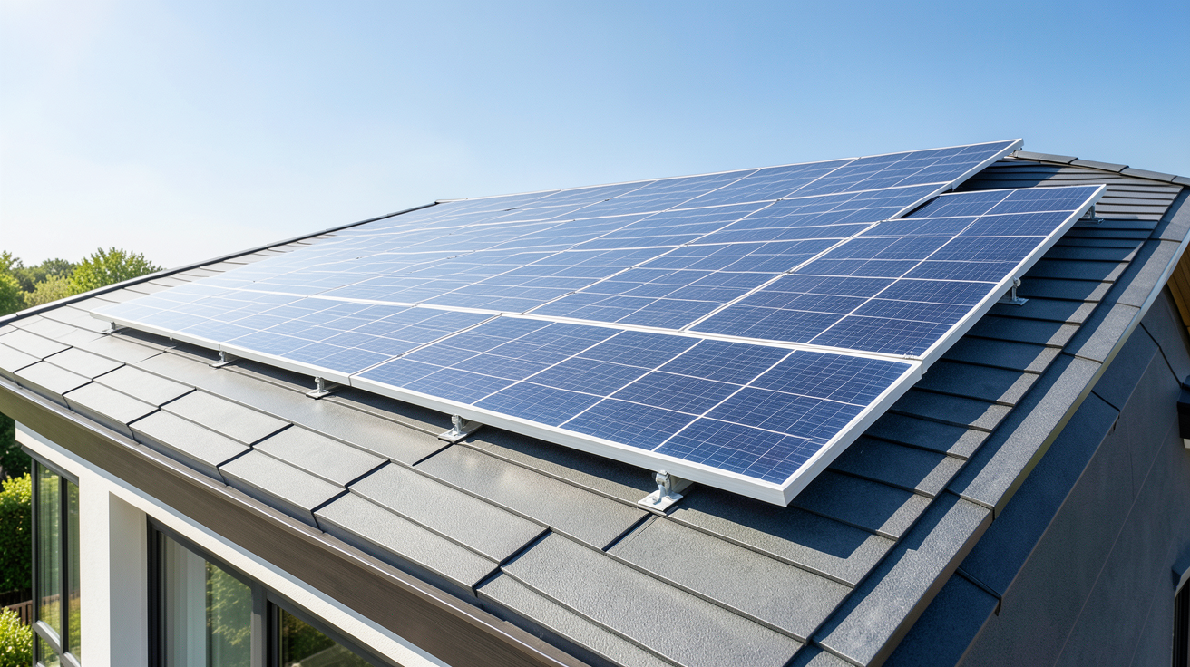 panneau photovoltaique surimposition installé sur le toit d'une résidence moderne