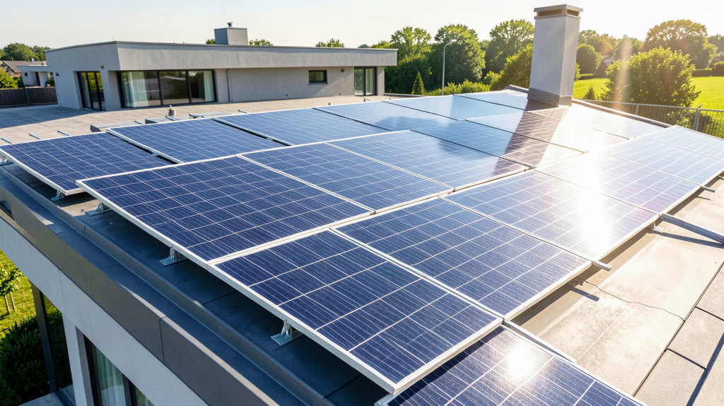 panneau photovoltaique terreal installé sur la toiture d'une maison moderne sous un ciel dégagé