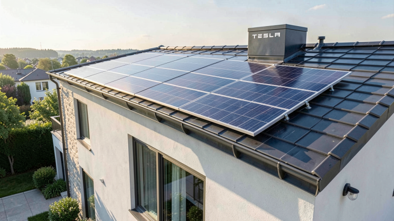 panneau photovoltaique tesla installé sur le toit d'une maison moderne
