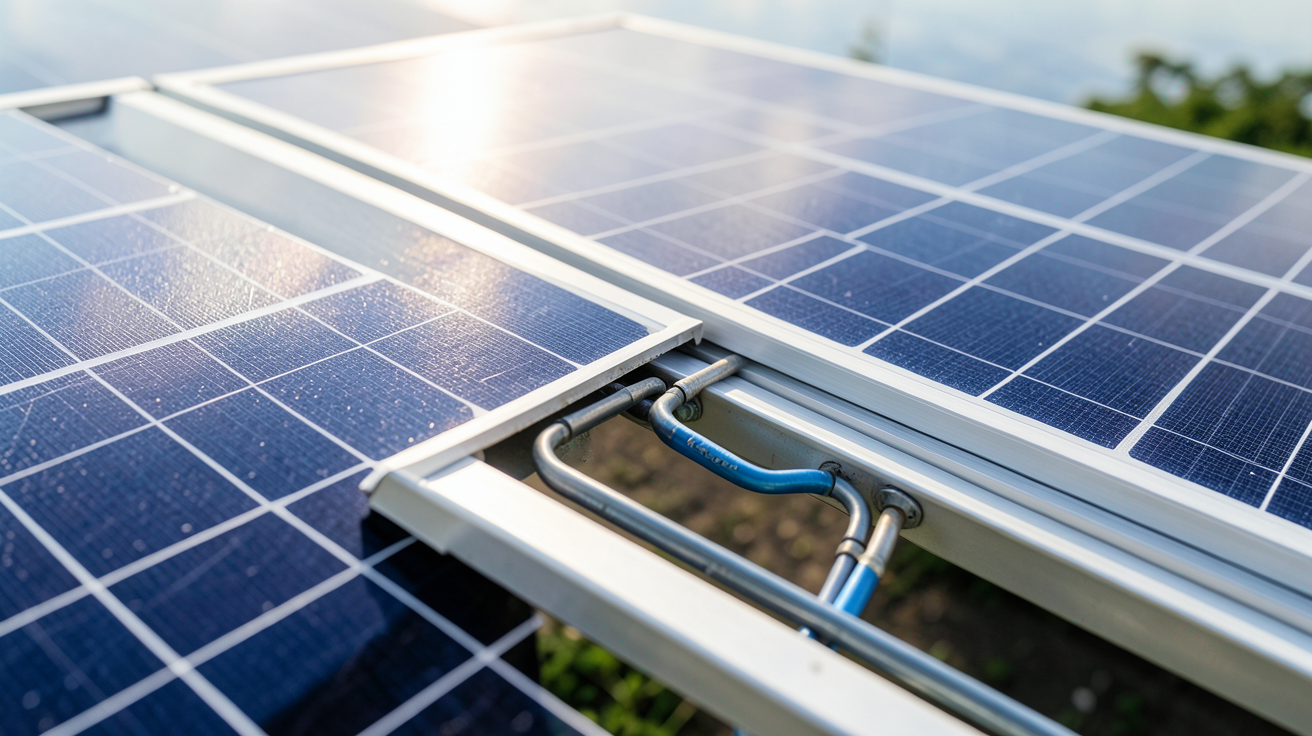 panneau photovoltaïque thermique en coupe partielle montrant les cellules solaires et le circuit de récupération thermique