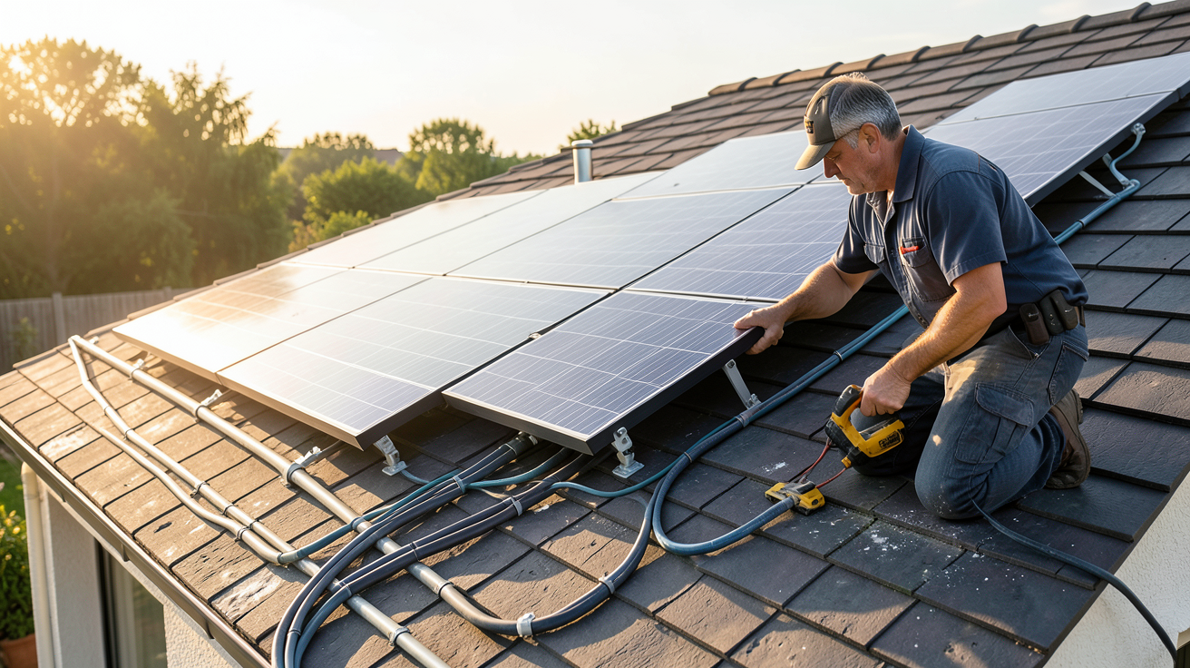 panneau photovoltaïque thermique en cours d'installation sur le toit d'une maison
