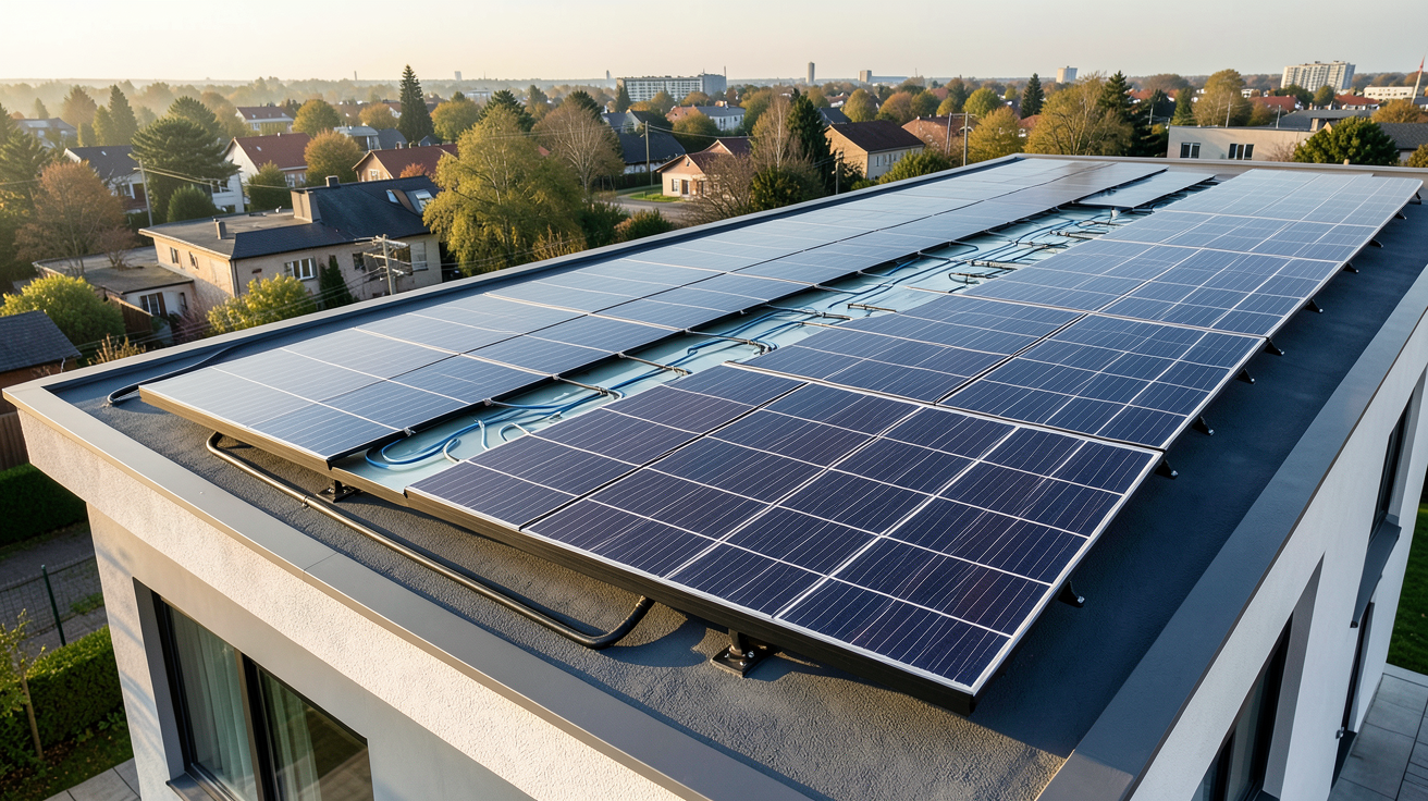 panneau photovoltaïque thermique installé sur le toit d'une maison moderne illustrant les avantages de l'hybride