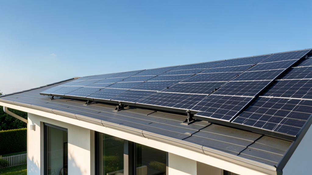 panneau photovoltaïque installé sur le toit d'une maison moderne sous un ciel ensoleillé