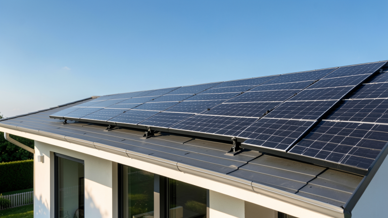 panneau photovoltaïque installé sur le toit d'une maison moderne sous un ciel ensoleillé