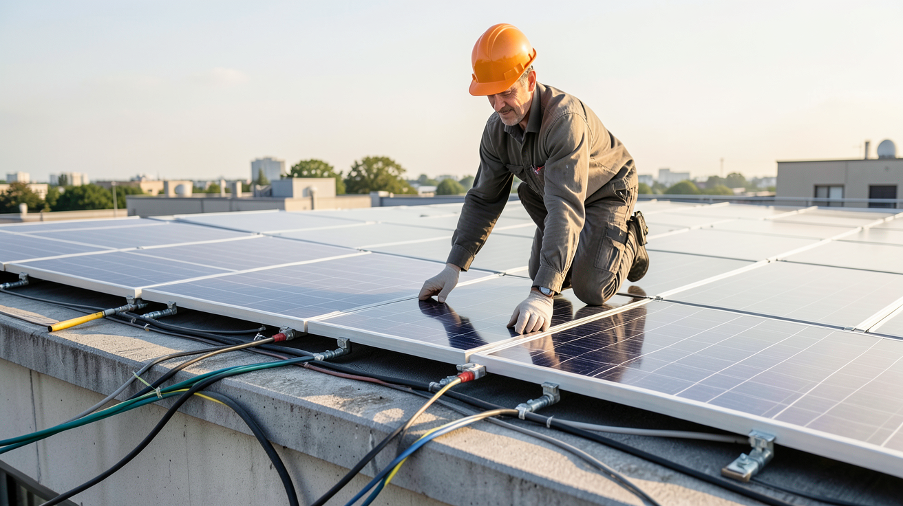 panneau photovoltaïque installé sur un toit plat avec un installateur en action