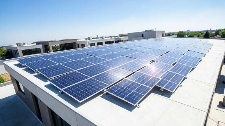 panneau photovoltaique toit plat installé sur une toiture moderne sous un ciel clair