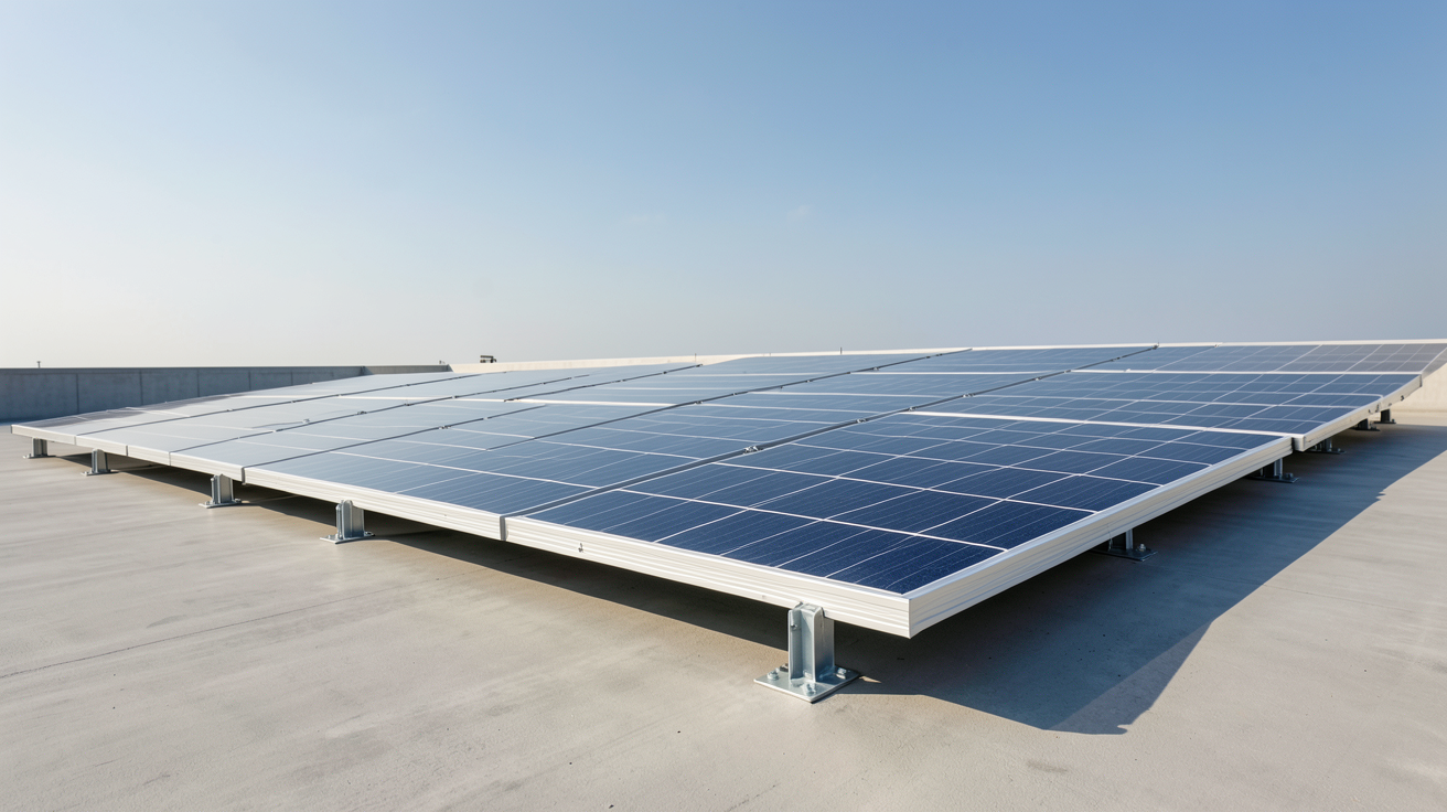 panneau photovoltaïque installé sur un toit plat avec système de fixation en aluminium anodisé