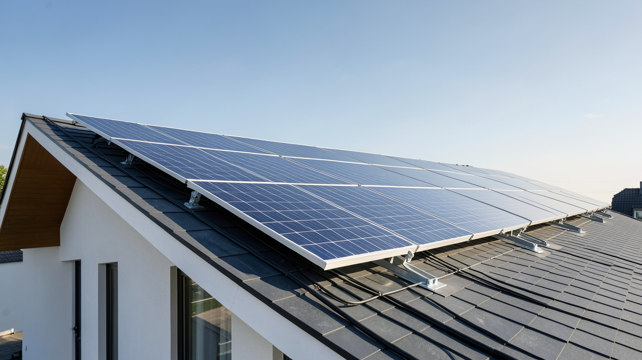 panneau photovoltaïque installé sur la toiture d'une maison moderne avec vue sur le ciel