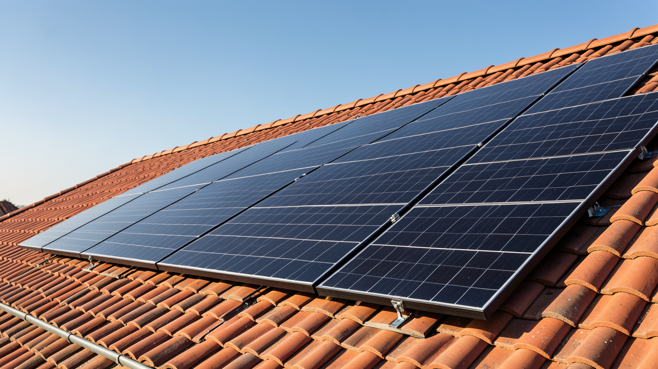 panneau photovoltaïque installé sur une toiture en tuiles rouges d'une maison