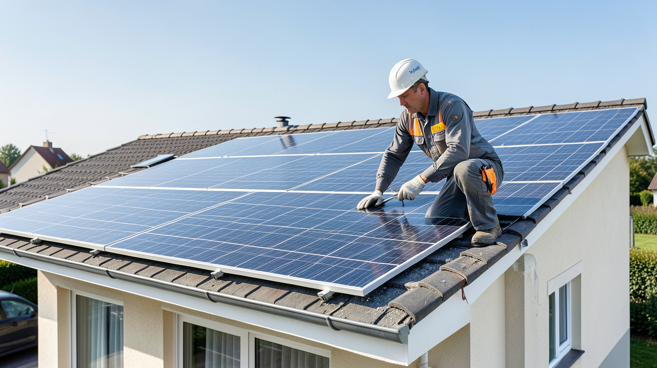 panneau photovoltaique TotalEnergies en cours d'installation sur le toit d'une maison