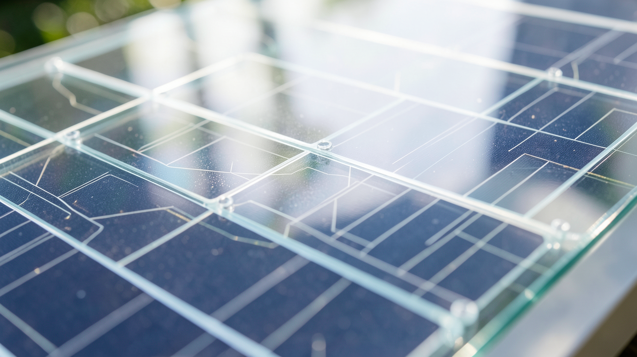 panneau photovoltaïque transparent montrant son fonctionnement interne avec des cellules solaires semi-transparentes