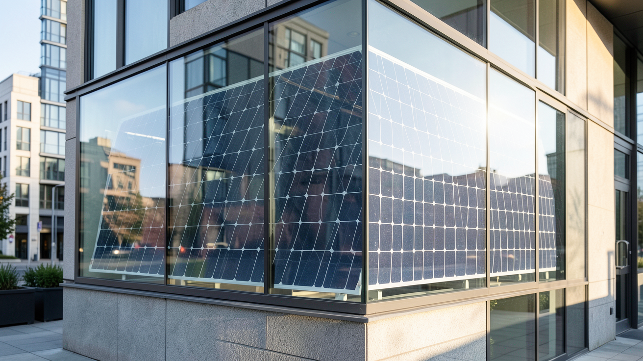 panneau photovoltaïque transparent installé en façade d'un bâtiment moderne en 2024