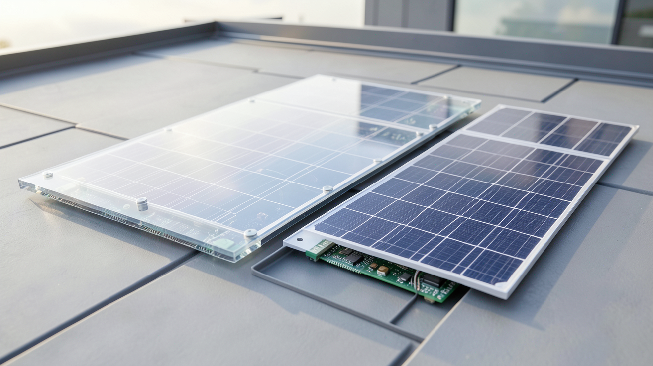panneau photovoltaïque transparent et panneau classique posés côte à côte sur un toit moderne pour un comparatif de prix