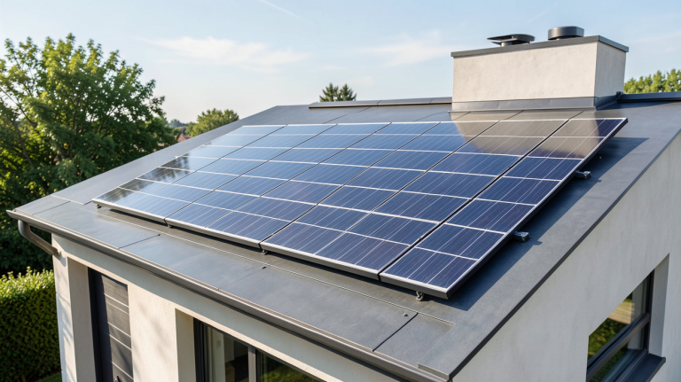 panneau photovoltaique transparent installé sur le toit d'une maison moderne, montrant la transparence du module et l'intégration architecturale.