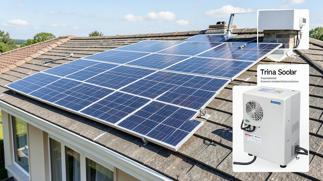 panneau photovoltaique trina solar installé sur un toit, illustrant les étapes d'installation et la compatibilité avec onduleurs et systèmes de stockage