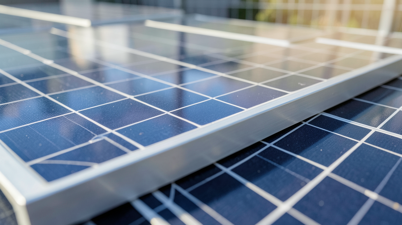 panneau photovoltaique trina solar illustrant les technologies clés, avec un gros plan détaillé sur les cellules photovoltaïques et la structure du module, lumière naturelle et rendu ultra réaliste.