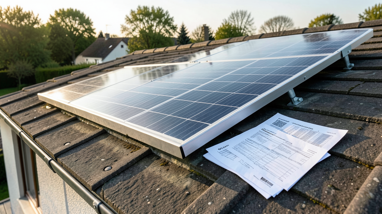 panneau photovoltaïque installé sur un toit à Verlaine avec des documents d'aides financières 2025 pour les panneaux solaires