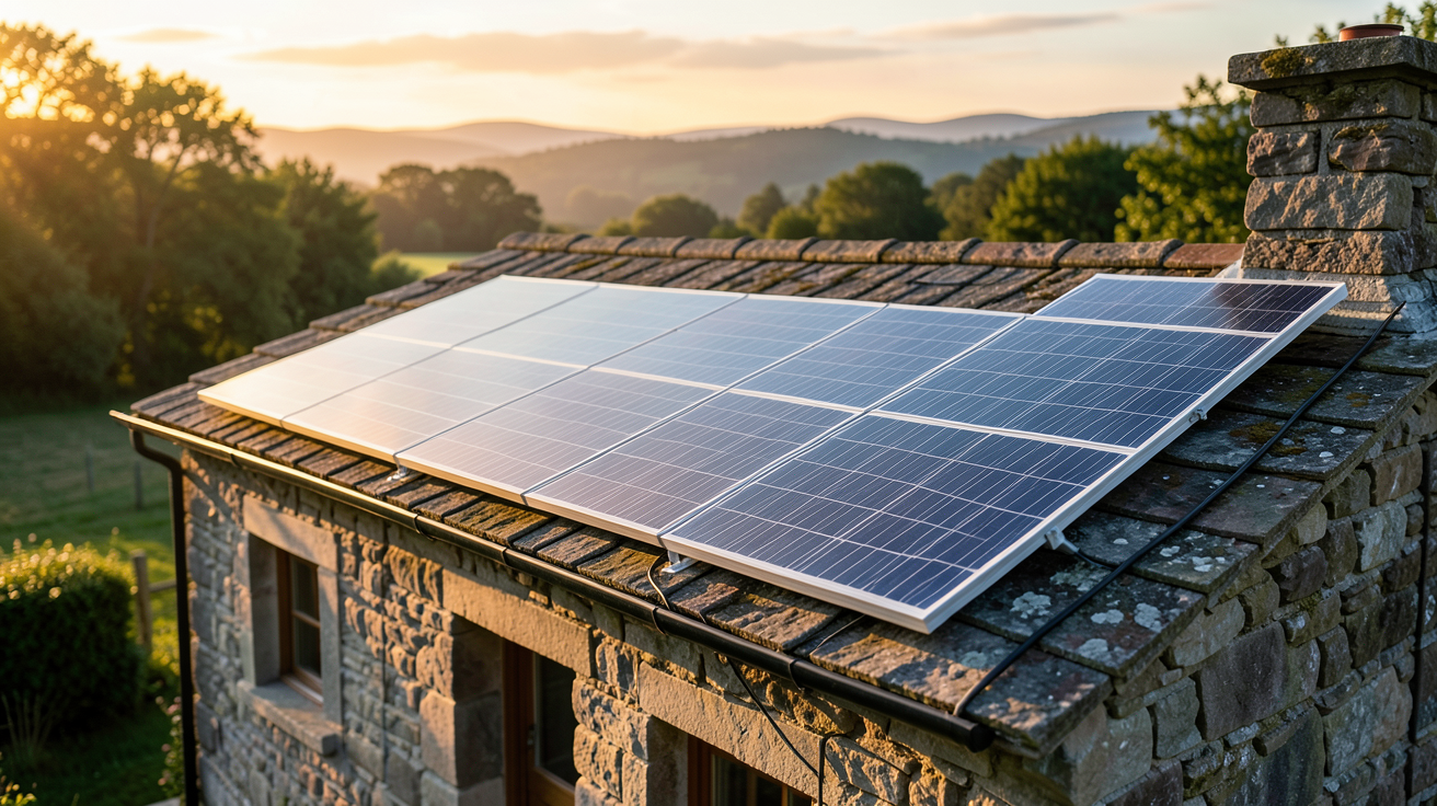 panneau photovoltaïque installé sur le toit d'une maison rurale en pierre à Verlaine