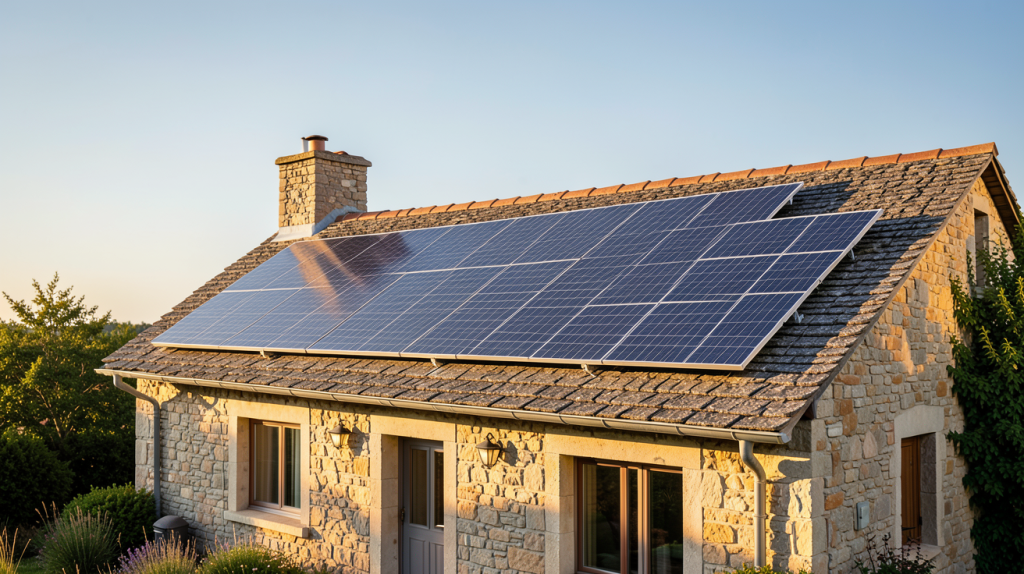 panneau photovoltaïque installé sur le toit d'une maison traditionnelle en pierre à Verlaine