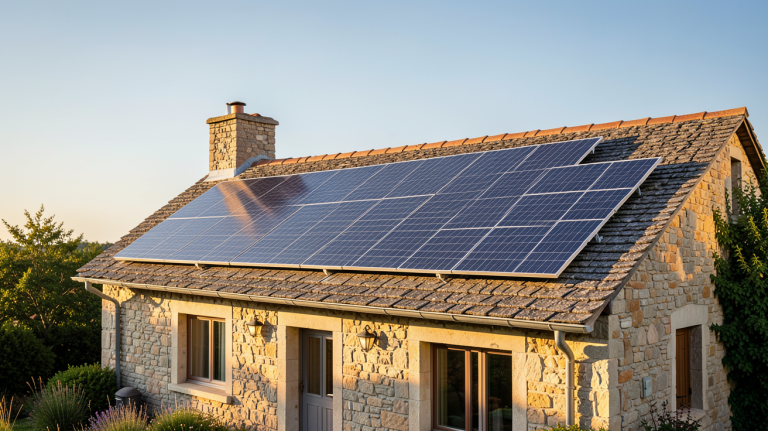 panneau photovoltaïque installé sur le toit d'une maison traditionnelle en pierre à Verlaine