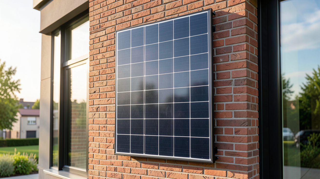 panneau photovoltaïque vertical installé sur la façade d'une maison contemporaine en brique rouge
