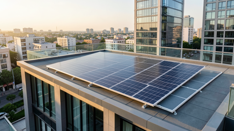 panneau photovoltaïque vertical installé sur le toit-terrasse d'un immeuble urbain moderne