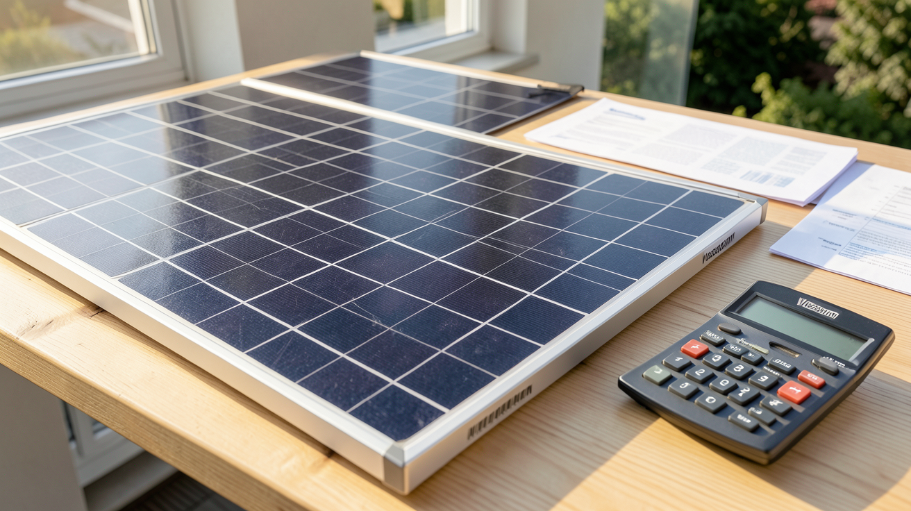panneau photovoltaïque Viessmann installé sur un toit avec des documents d'aides financières 2024 en arrière-plan