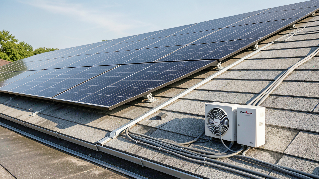 panneau photovoltaïque Viessmann installation complète avec panneaux sur toit, onduleur et câbles électriques
