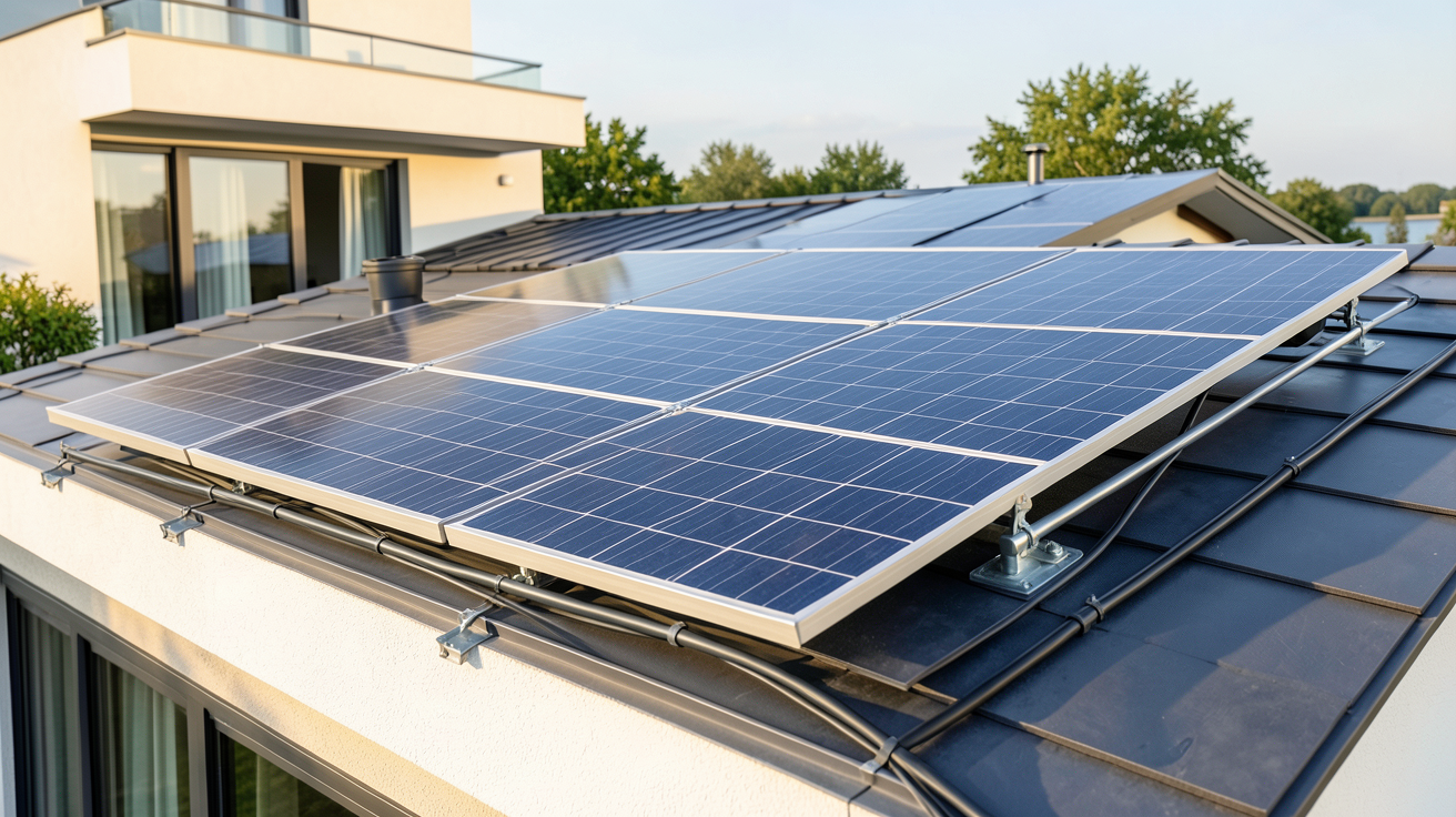 panneau photovoltaïque Viessmann installé sur le toit d'une maison moderne avec détails des câbles et de l'onduleur