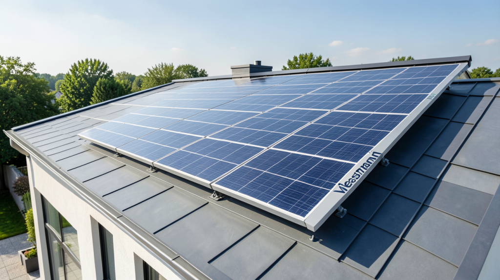 panneau photovoltaique viessmann installé sur le toit d'une maison contemporaine, capturé en plein jour avec lumière naturelle