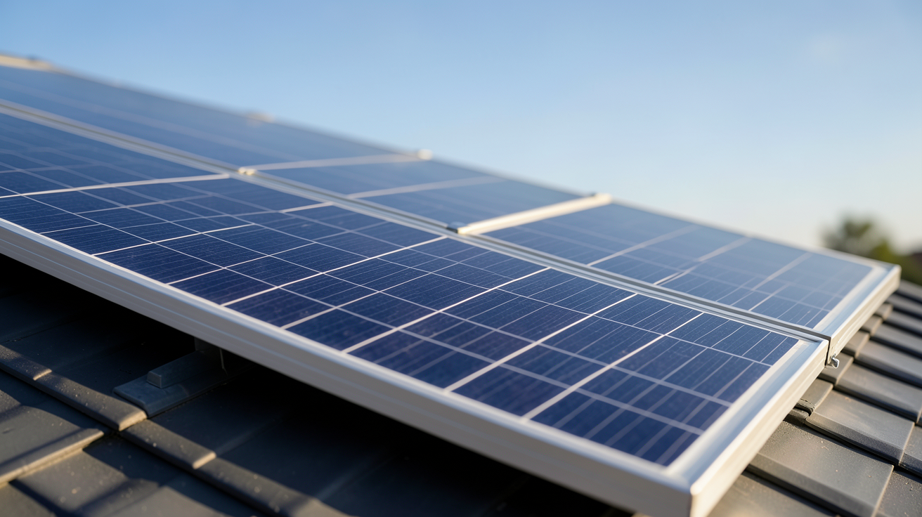 panneau photovoltaïque Voltec posé sur un toit incliné avec un ciel bleu clair en arrière-plan