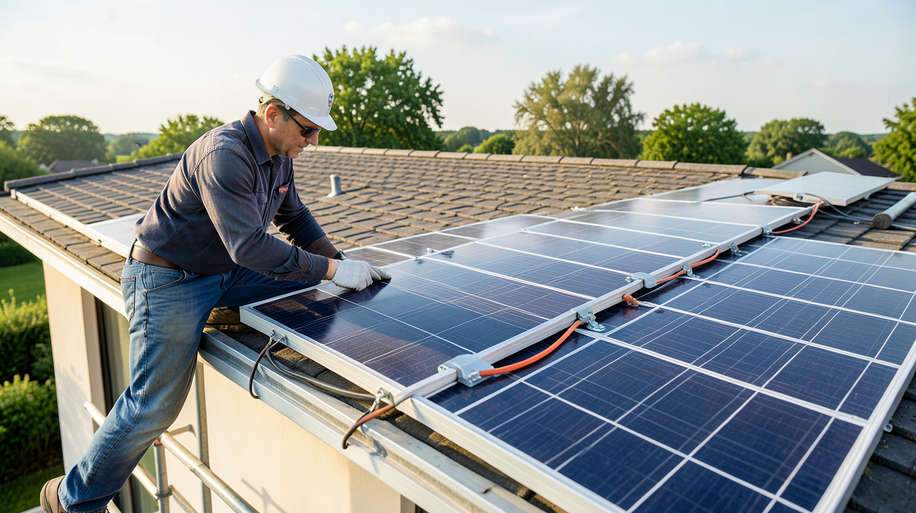 panneau photovoltaïque Voltec en cours d'installation sur un toit de maison
