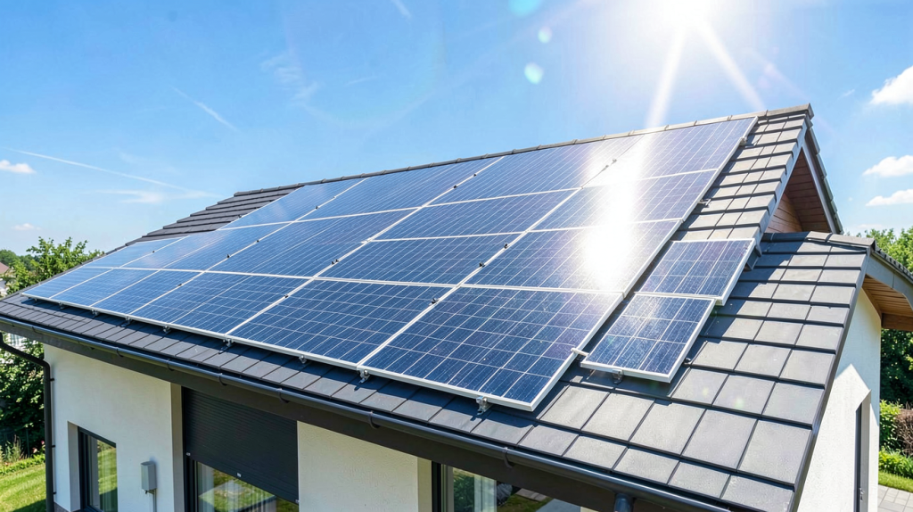 panneau photovoltaïques installés sur le toit d'une maison résidentielle sous un soleil radieux